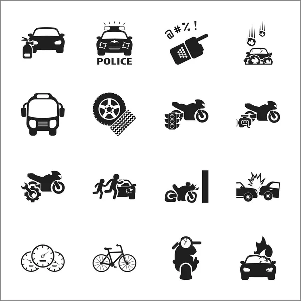 Car, accident 16 black simple icons set for web - Stok Vektor