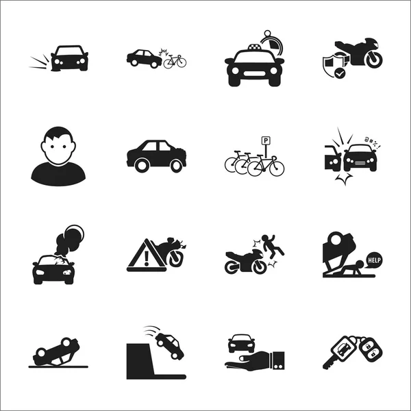 Car, accident 16 black simple icons set for web — Stock Vector