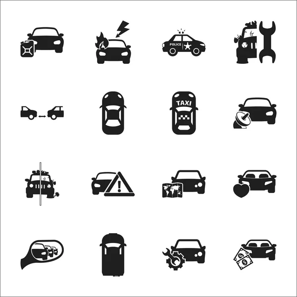 Car, accident 16 black simple icons set for web — Stock Vector