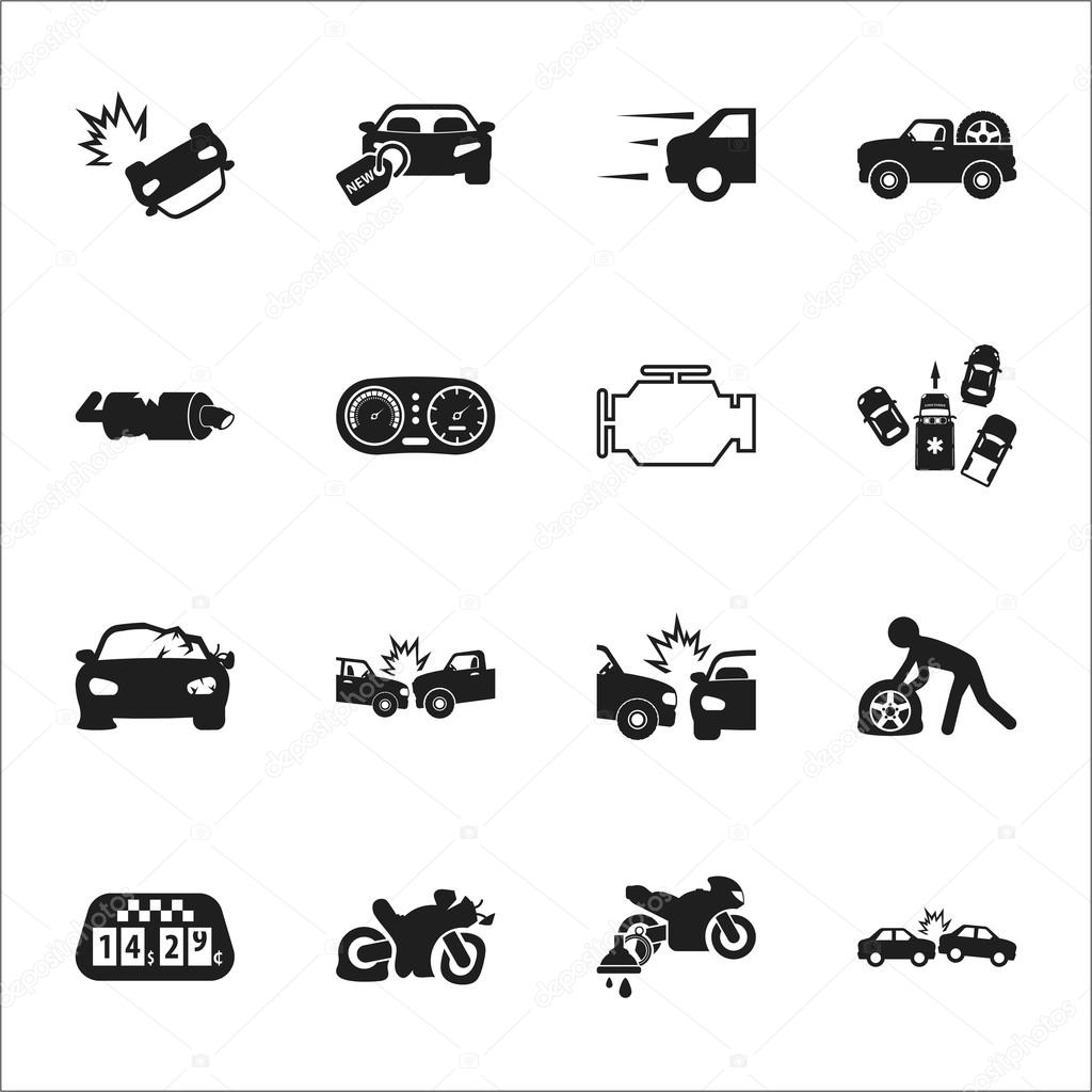 car, accident 16 black simple icons set for web