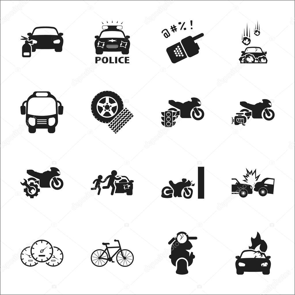 car, accident 16 black simple icons set for web