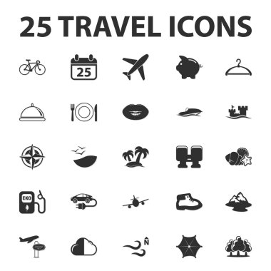 Seyahat, tatil 25 siyah basit simgeler web için ayarla.