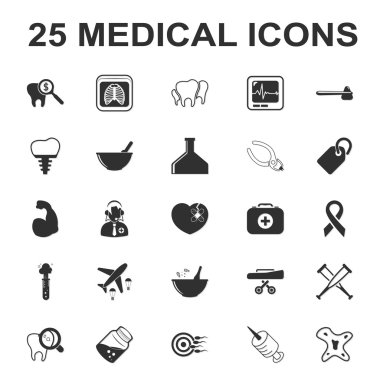 ilaç, bakım, hastane 25 siyah basit simgeler web için ayarla