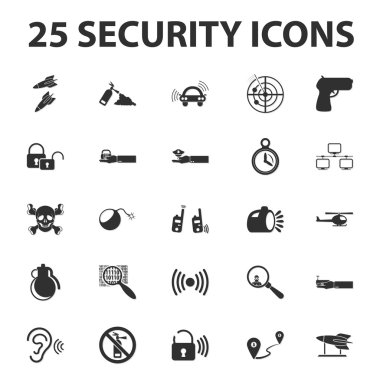 Güvenlik, polis, koruma 25 siyah basit simgeler web için ayarla