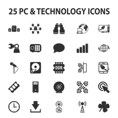Bilgisayar, teknoloji, pc 25 siyah basit simgeler web için ayarla