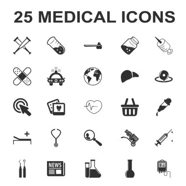 ilaç, bakım, hastane 25 siyah basit simgeler web için ayarla