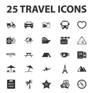 Seyahat, tatil 25 siyah basit simgeler web için ayarla.