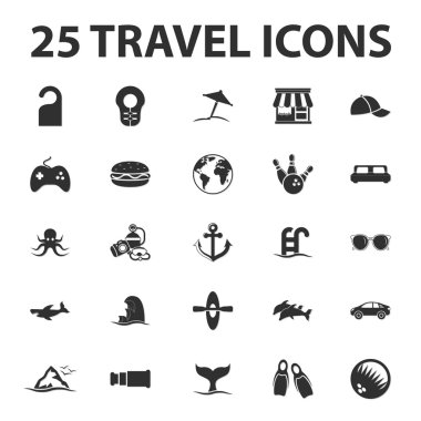 Seyahat, tatil 25 siyah basit simgeler web için ayarla.