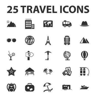 Travel, vacation 25 black simple icons set for web clipart