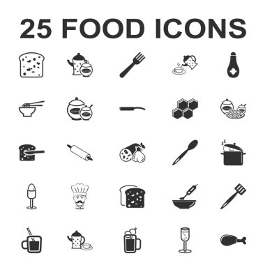 25 siyah basit simgeler Web için ayarla Food yemek, mutfak,