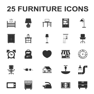 Mobilya, iç 25 siyah basit simgeler web için ayarla.