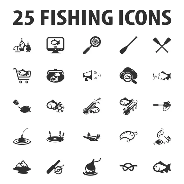 Balık tutma, Balık 25 siyah basit simgeler web için ayarla — Stok Vektör