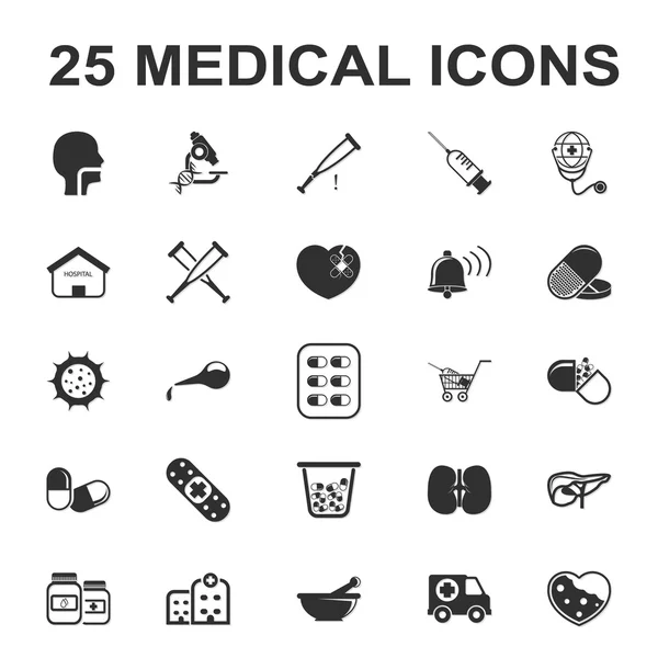 Medicína, péče, nemocniční 25 černá jednoduché ikony pro web — Stockový vektor