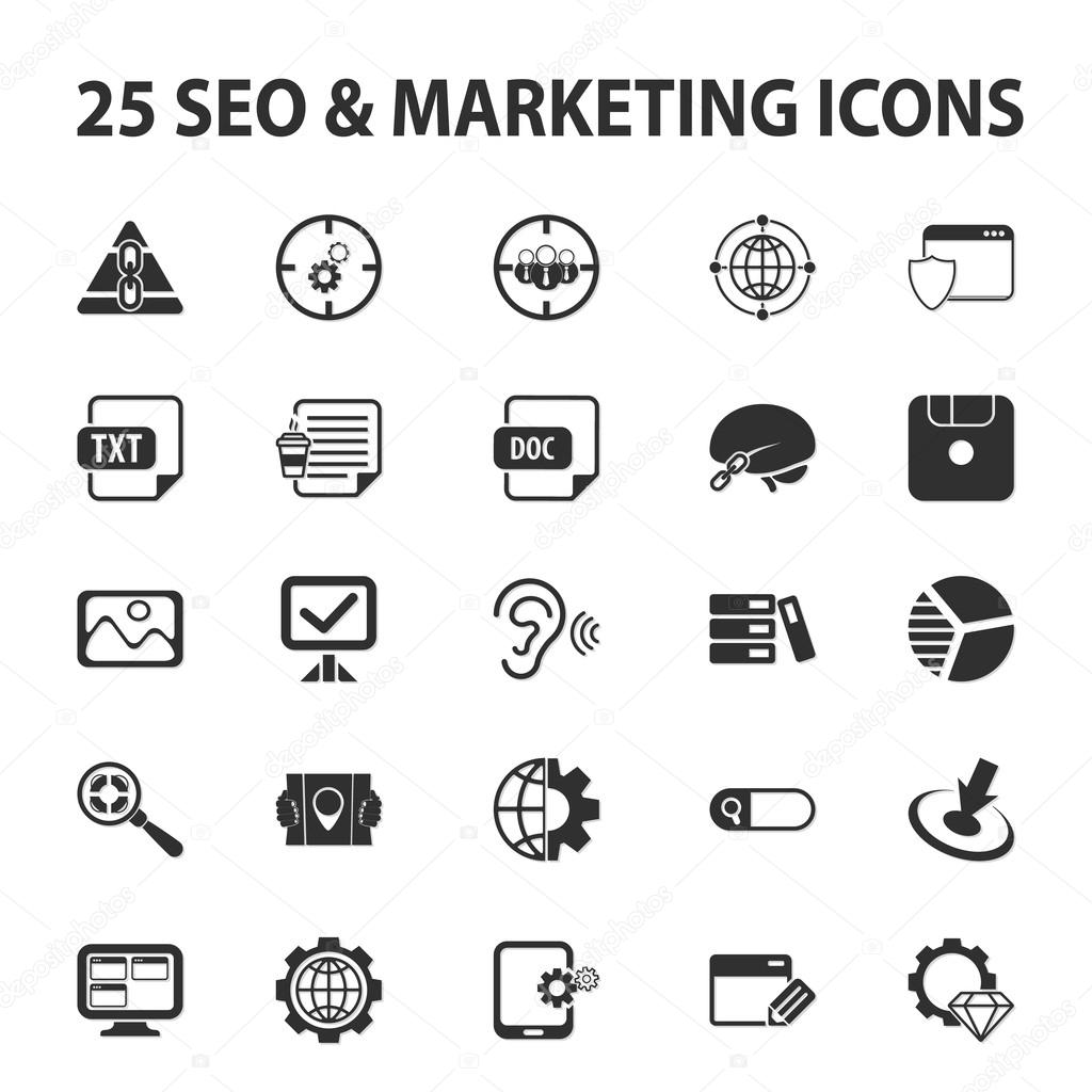 SEO, promotion, marketing, marketer 25 black simple icons set for web
