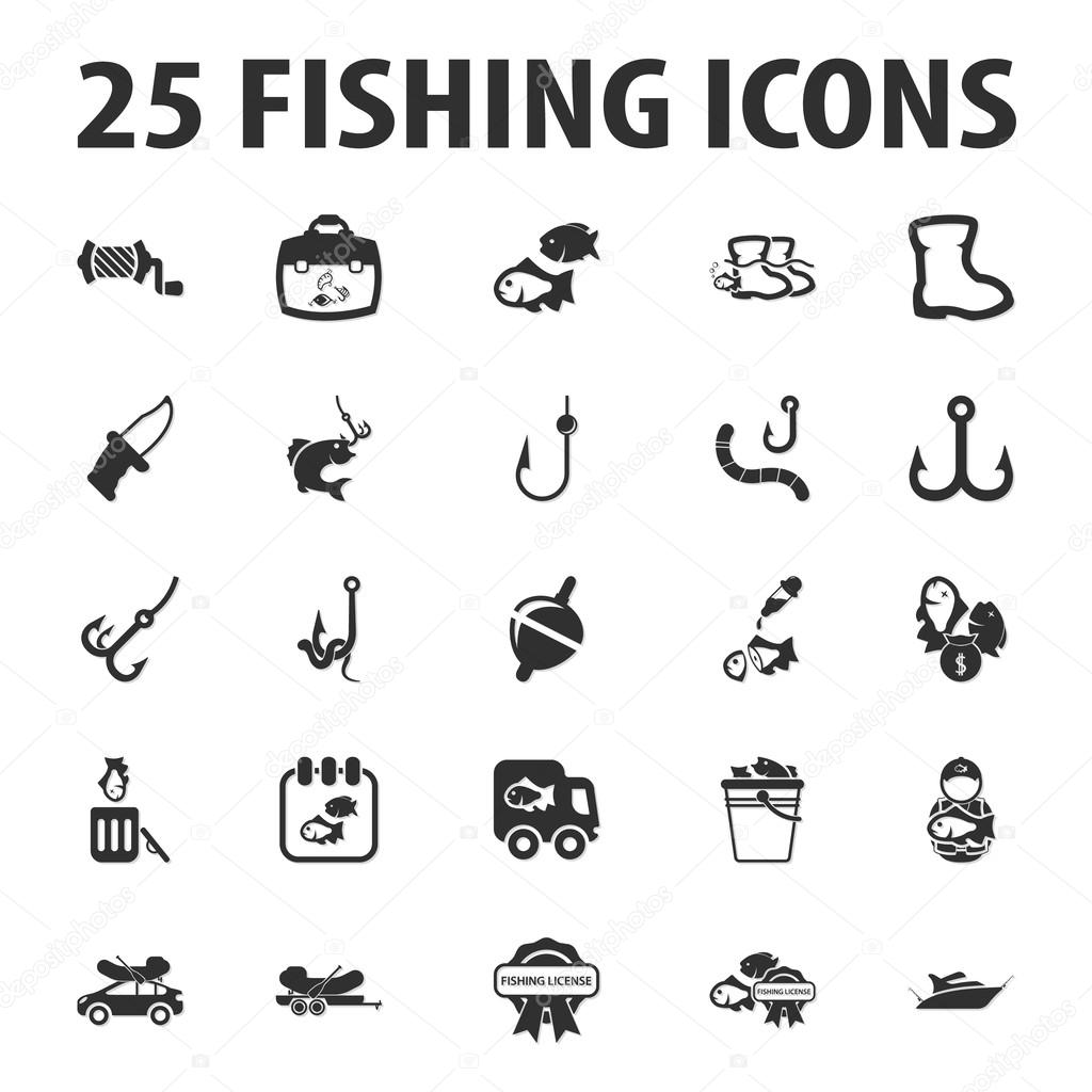 fishing, fish 25 black simple icons set for web