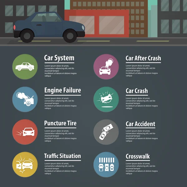 Ilustración vectorial de infografías de automóviles, iconos de automóviles — Vector de stock