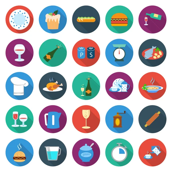 Cocina, comida, cocina 25 iconos planos para web — Vector de stock