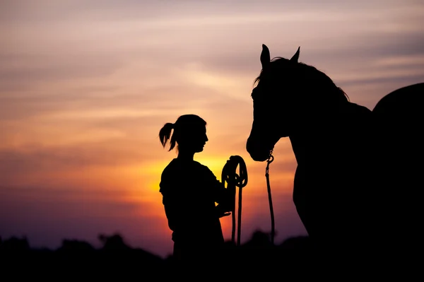 Het meisje in de buurt van een paard staande — Stockfoto