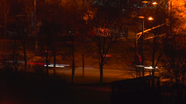 Tráfico nocturno detrás de los árboles — Vídeos de Stock