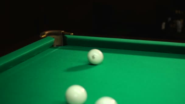 Corner pocket and balls fly in and near — Stock Video