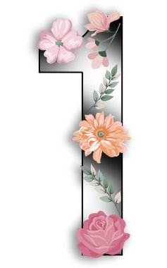 Unique Number one ; 1 letter alphabet made of real blooming flowers & leaves with paper cut. Illustration of floral alphabet collection for design project, poster, birthday card, ads, logo, concept.