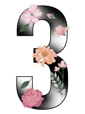 Unique Number three ; 3 letter alphabet made of real blooming flowers & leaves with paper cut. Illustration of floral alphabet collection for design project, poster, birthday card, ads, logo, concept.