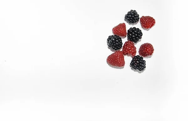 RASPBERRY AND BLACKBERRY on a white background with space for the text — Stock Photo, Image