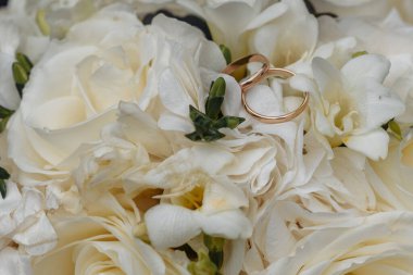 Evlilik yüzükleri takan gençlerin elleri. Düğün günü detayları. Kala çiçekleri. eşler