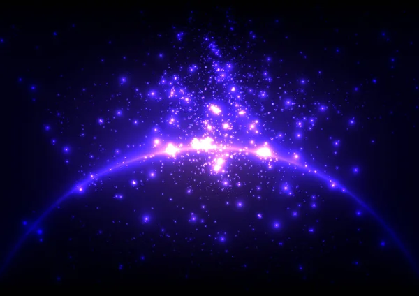 概要青色光技術の未来的背景 暗い空間に火花を散りばめたネオン輝く曲線 イラストベクトルデザインの背景 — ストックベクタ