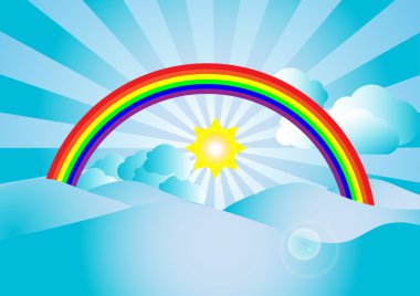 Vektör güneş ışığı ve rainbow ile mavi gökyüzü bulut