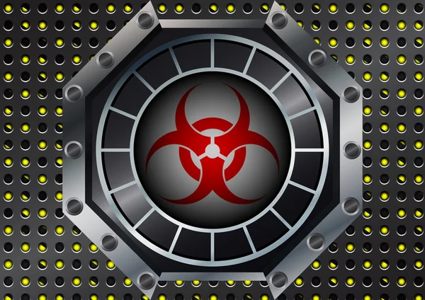 Simbol Biohazard abstrak dengan kisi logam pada st kuning dan hitam - Stok Vektor