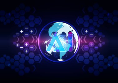 Parlayan enerji çekirdeğine sahip soyut dijital yapay zeka küresi, büyük veri işleme ve küresel ağ bağlantı kavramı.