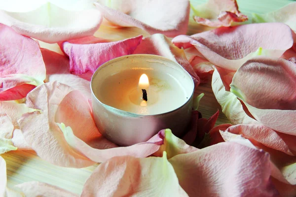 Kronblad av rosor och ljus — Stockfoto