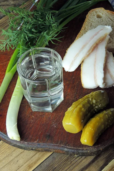 Vodka a okurkou, slaninou, česnekem a zelenou cibulkou — Stock fotografie