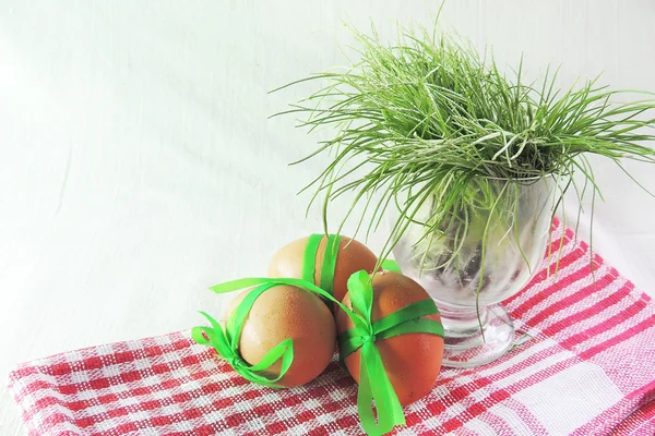 Яйца курицы и зеленая трава на белом фоне — стоковое фото