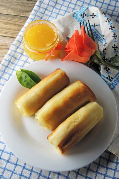코 티 지 치즈와 꿀 팬케이크 — 스톡 사진