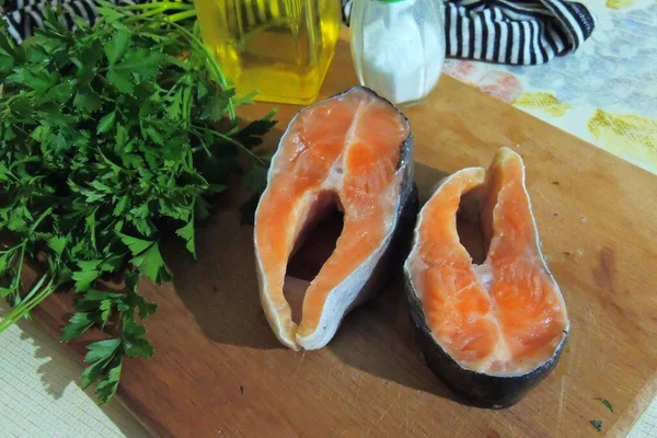 Pan Fried Trout Steaks Served Rustic Wooden Cutting Board View — Stock Photo, Image