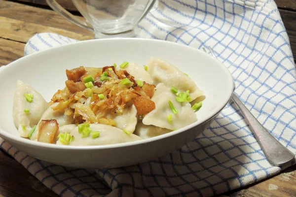 Fried Dumplings Stuffed Cabbage Meat Sprinkled Bacon Greaves Chopped Parsley — Stock Photo, Image