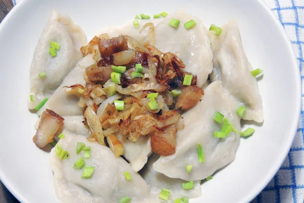 Fried Dumplings Stuffed Cabbage Meat Sprinkled Bacon Greaves Chopped Parsley — Stock Photo, Image