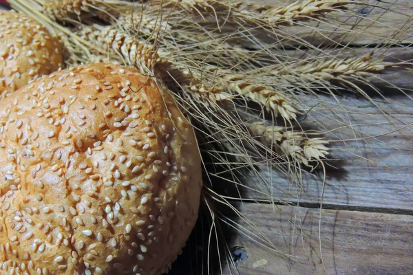 Fresh Homemade Hamburger Buns Wooden Table — Stock Photo, Image