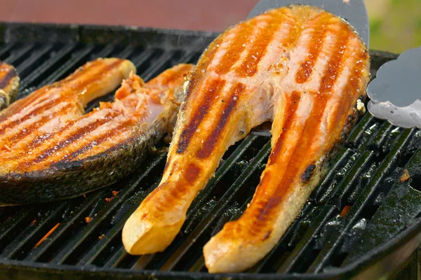 Porzione di filetto di salmone fresco avvolto su una griglia — Foto Stock