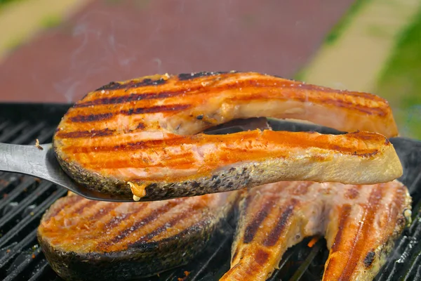 Portion of fresh salmon fillet cooced on a grill — Stock Photo, Image