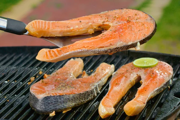 Portion of fresh salmon fillet on a grill — Stock Photo, Image