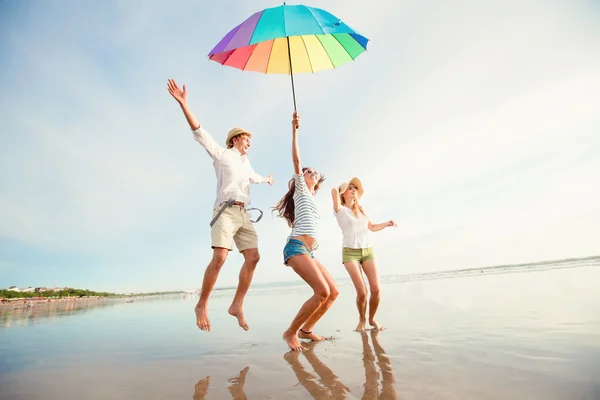 Gruppe fröhlicher junger Leute, die sich am Strand vergnügen — Stockfoto