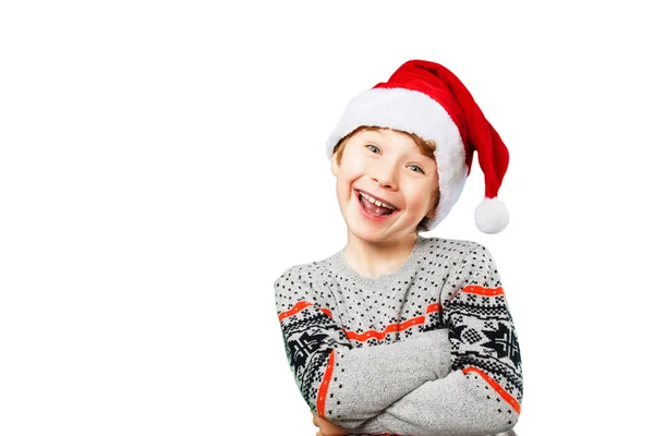 Portrait of a boy in christmas hat with happy and joyful facial expression — Stock Photo, Image