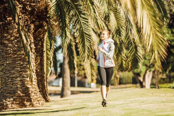 Zdrowy styl życia młodej kobiety sportowy joggingu w tropikalnym parku wzdłuż palmy Zdjęcie Stockowe