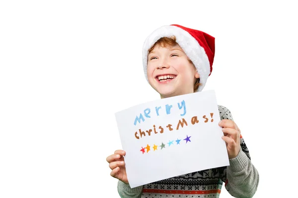 Portret chłopca w Boże Narodzenie kapelusz gospodarstwa puste. Na białym tle — Zdjęcie stockowe