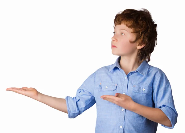 Handsome boy points with his hands. Isolated on white background — Stock Photo, Image