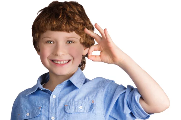 Handsome smiling boy showing OK sign with his hand. Isolated on white background — Stock Photo, Image