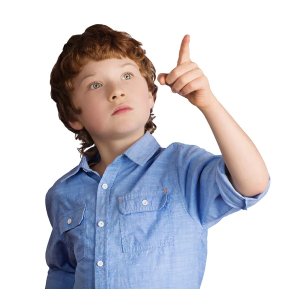 Handsome boy points with his finger. Isolated on white background — Stock Photo, Image